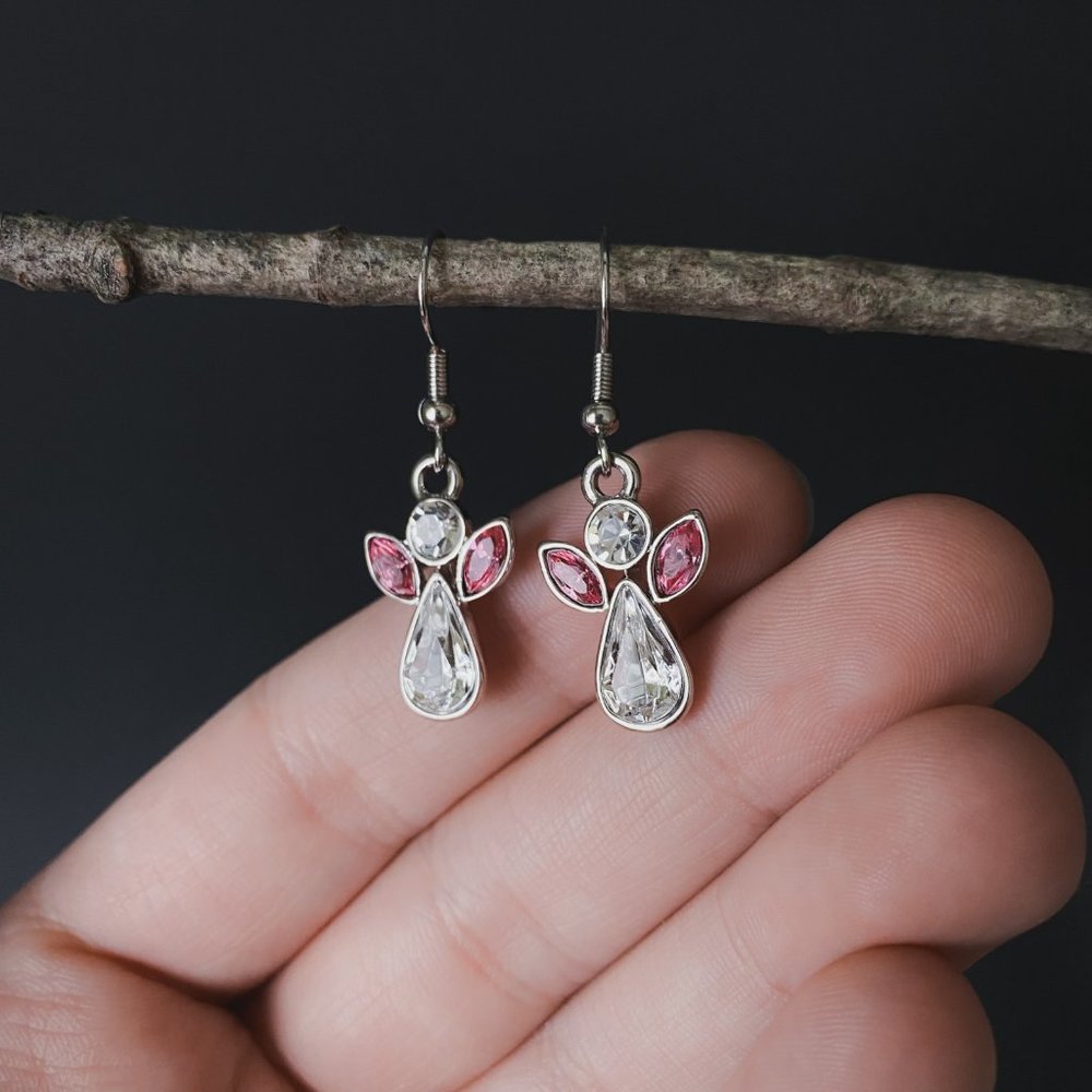 Dainty Silver Angel Crystal Rhinestone Pink Wings October Birthstone Earrings - Picture 4 of 7